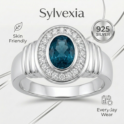 SYLVEXIA 925 Sterling Silver Oval Cut London Blue Topaz Halo Ring for Women