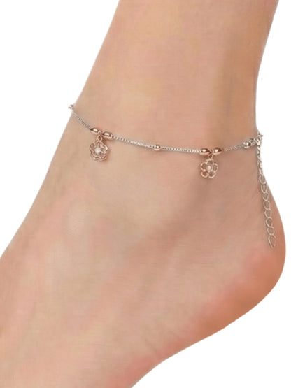 Sylvexia 925 Sterling Silver Floral Charm Anklet for Women