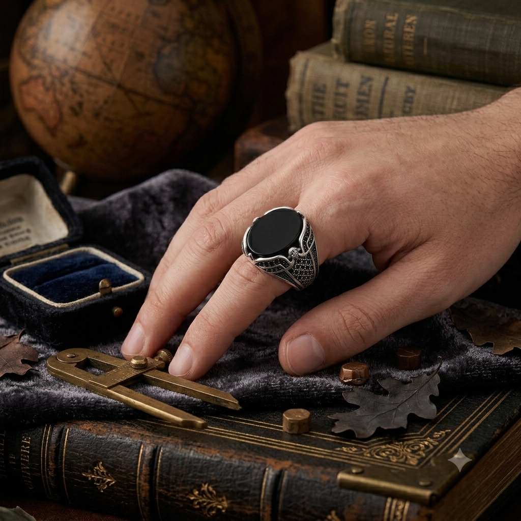Sylvexia 925 Sterling Silver Men's Black Oval Signet Ring with Engraved Band