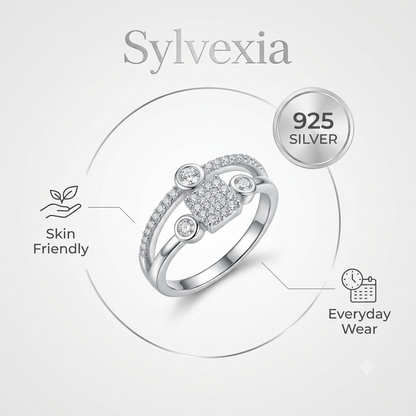 SYLVEXIA 925 Sterling Silver Square Cluster Cubic Zirconia Ring for Women