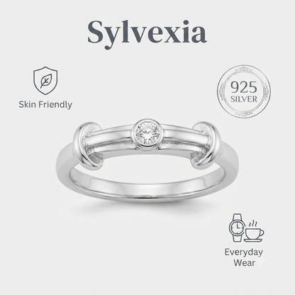 SYLVEXIA 925 Sterling Silver Bezel Set Cubic Zirconia Open Ring for Women
