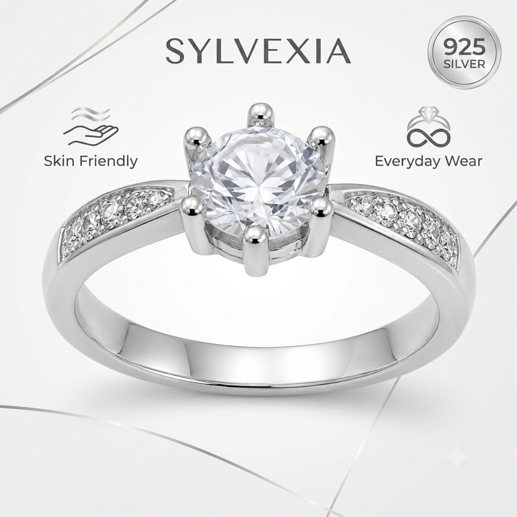 SYLVEXIA 925 Sterling Silver Round Cut CZ Statement Ring for Women
