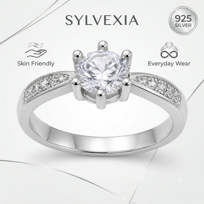 SYLVEXIA 925 Sterling Silver Round Cut CZ Statement Ring for Women