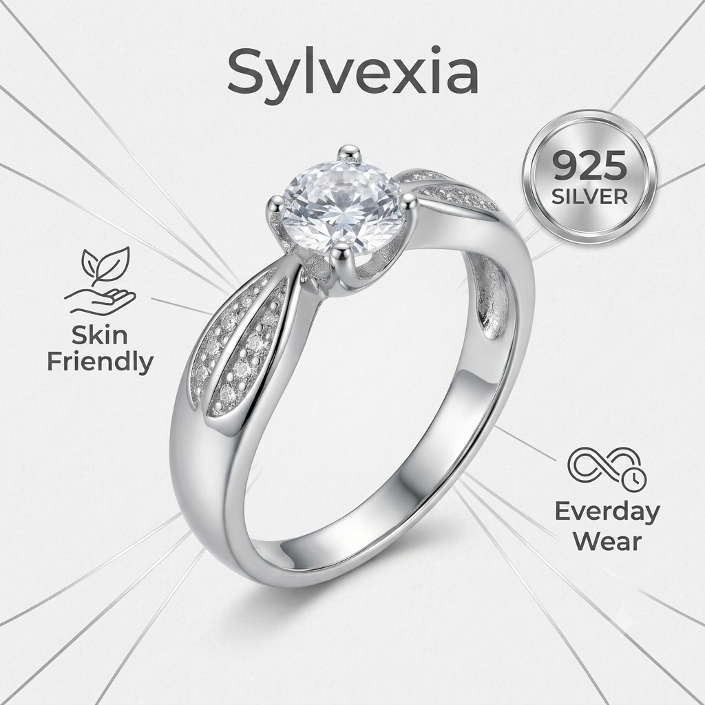 SYLVEXIA 925 Sterling Silver Round Cut Solitaire CZ Ring for Women