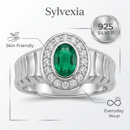 SYLVEXIA Oval Cut Green Emerald Halo Ring in 925 Sterling Silver with CZ Accents for Women