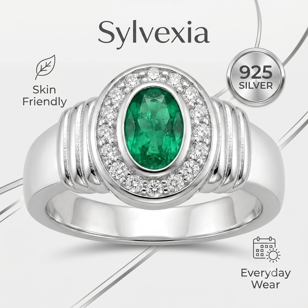 SYLVEXIA Oval Cut Green Emerald Halo Ring in 925 Sterling Silver for Women