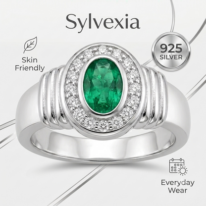 SYLVEXIA Oval Cut Green Emerald Halo Ring in 925 Sterling Silver for Women