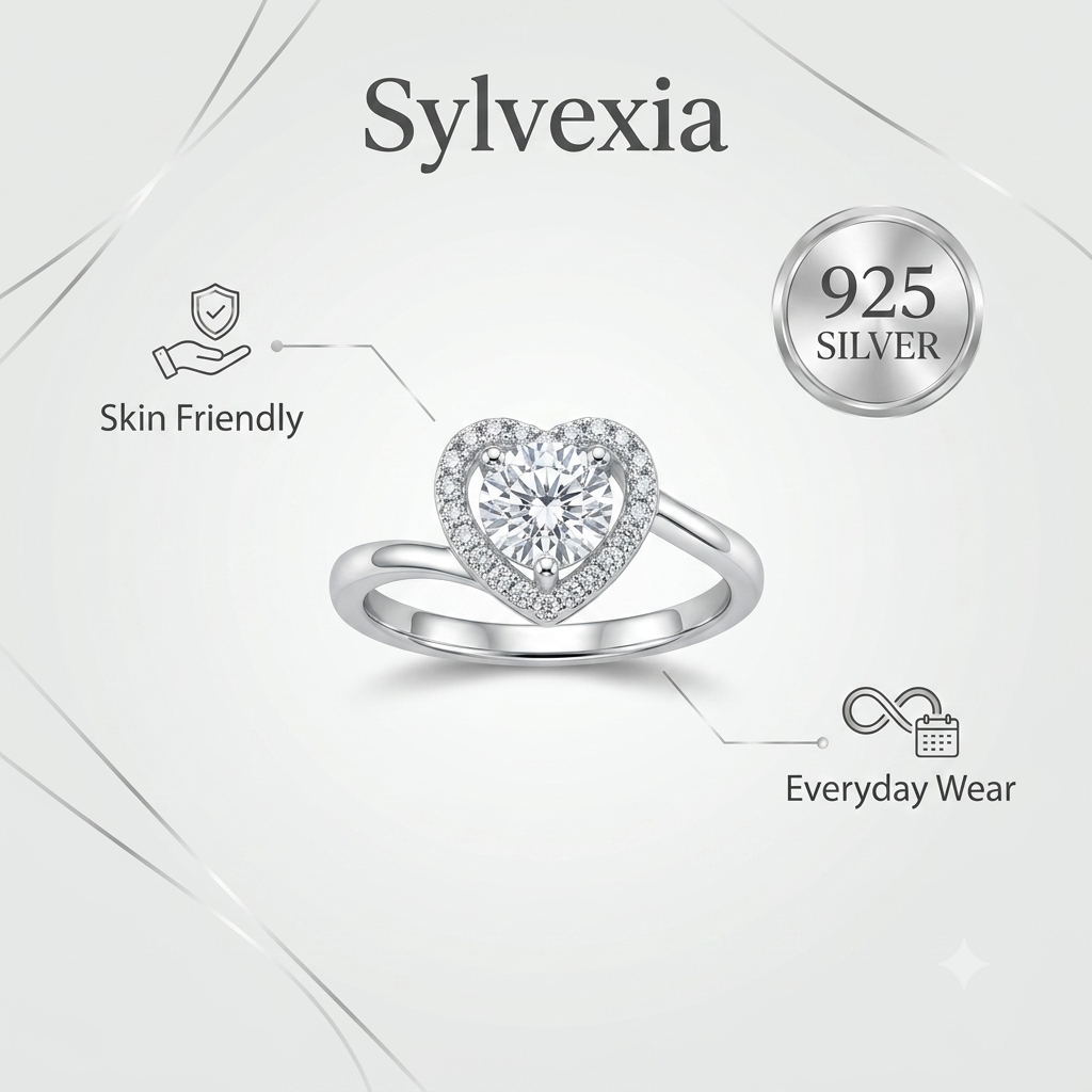 SYLVEXIA 925 Sterling Silver Heart Halo Solitaire Ring for Women with Cubic Zirconia