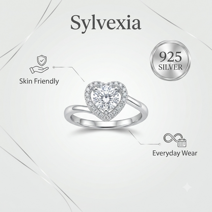 SYLVEXIA 925 Sterling Silver Heart Halo Solitaire Ring for Women with Cubic Zirconia