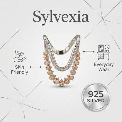 Sylvexia 925 Sterling Silver Rose Gold CZ V Shape Band Ring for Women