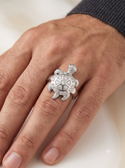 SYLVEXIA 925 Sterling Silver Turtle Design CZ Statement Ring for Men