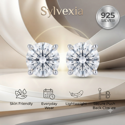 SYLVEXIA 925 Sterling Silver Classic Round Cubic Zirconia Stud Earrings for Women