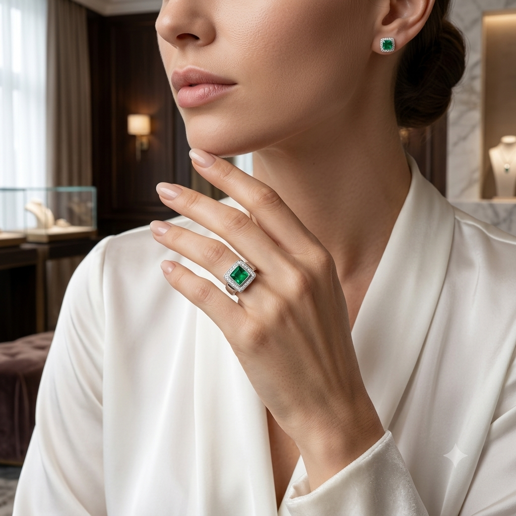 SYLVEXIA Emerald Cut Green Emerald Halo Ring in 925 Sterling Silver with CZ Accents for Women