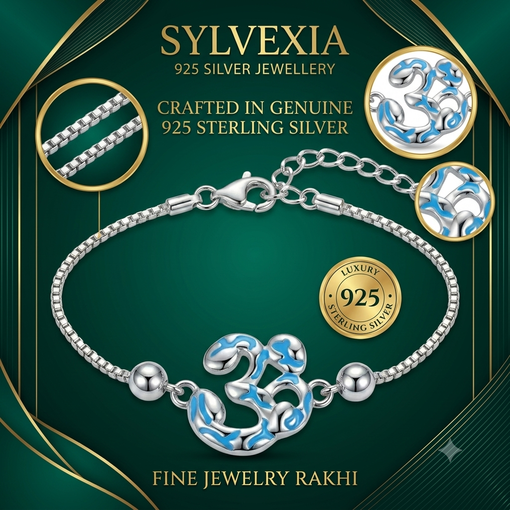 SYLVEXIA 925 Sterling Silver Blue Enamel Om Rakhi Bracelet for Brother