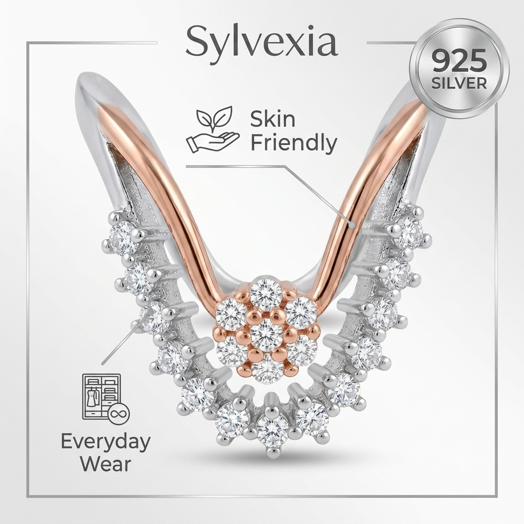 SYLVEXIA 925 Sterling Silver Two Tone Floral Cluster Cubic Zirconia Ring for Women