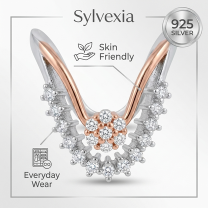 SYLVEXIA 925 Sterling Silver Two Tone Floral Cluster Cubic Zirconia Ring for Women