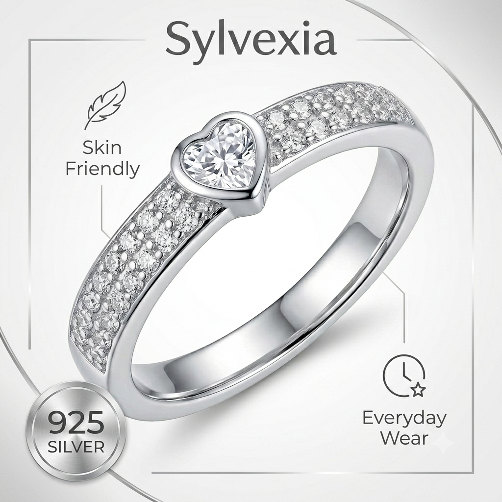 Sylvexia 925 Sterling Silver Heart CZ Pavé Ring for Women
