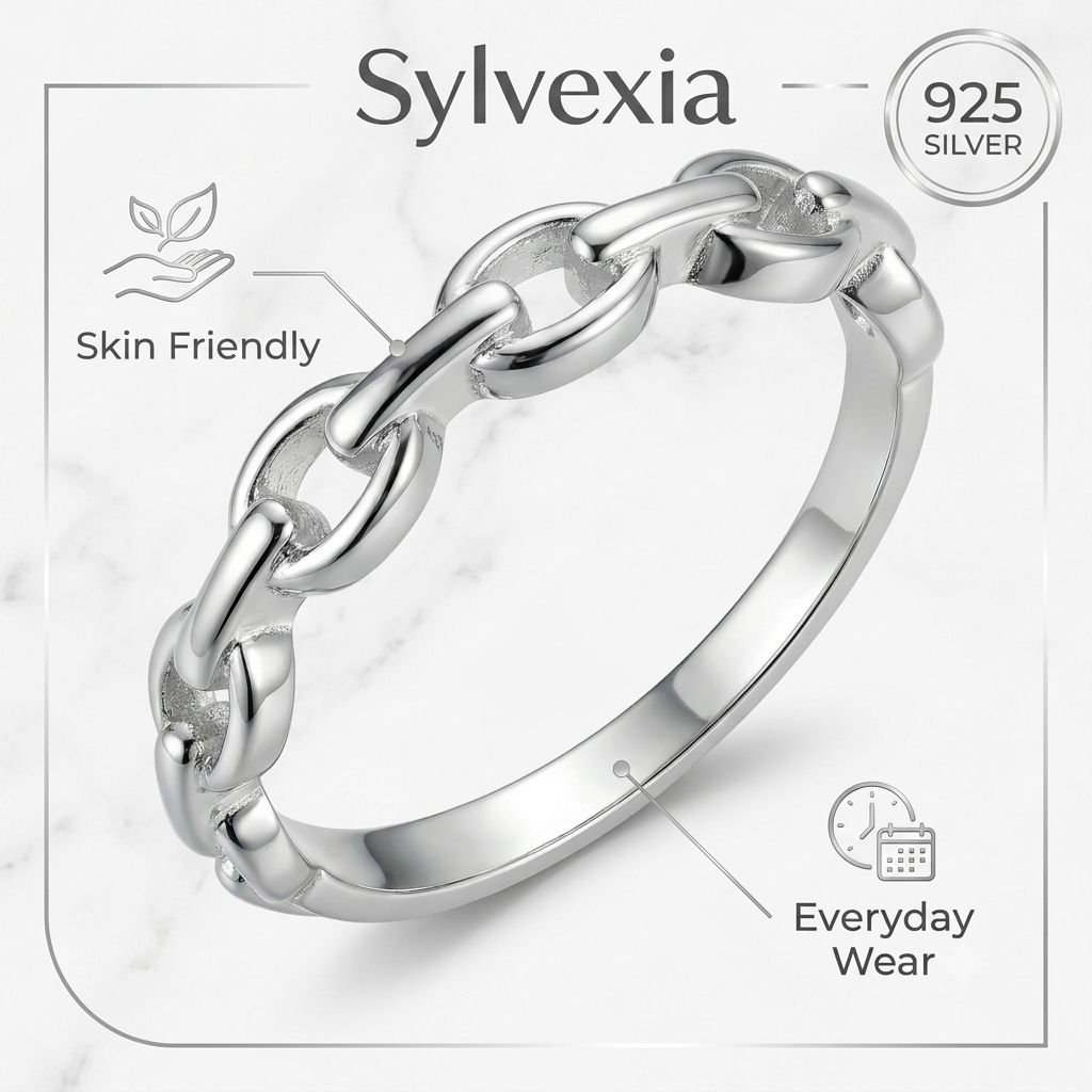 SYLVEXIA 925 Sterling Silver Chain Link Ring for Women