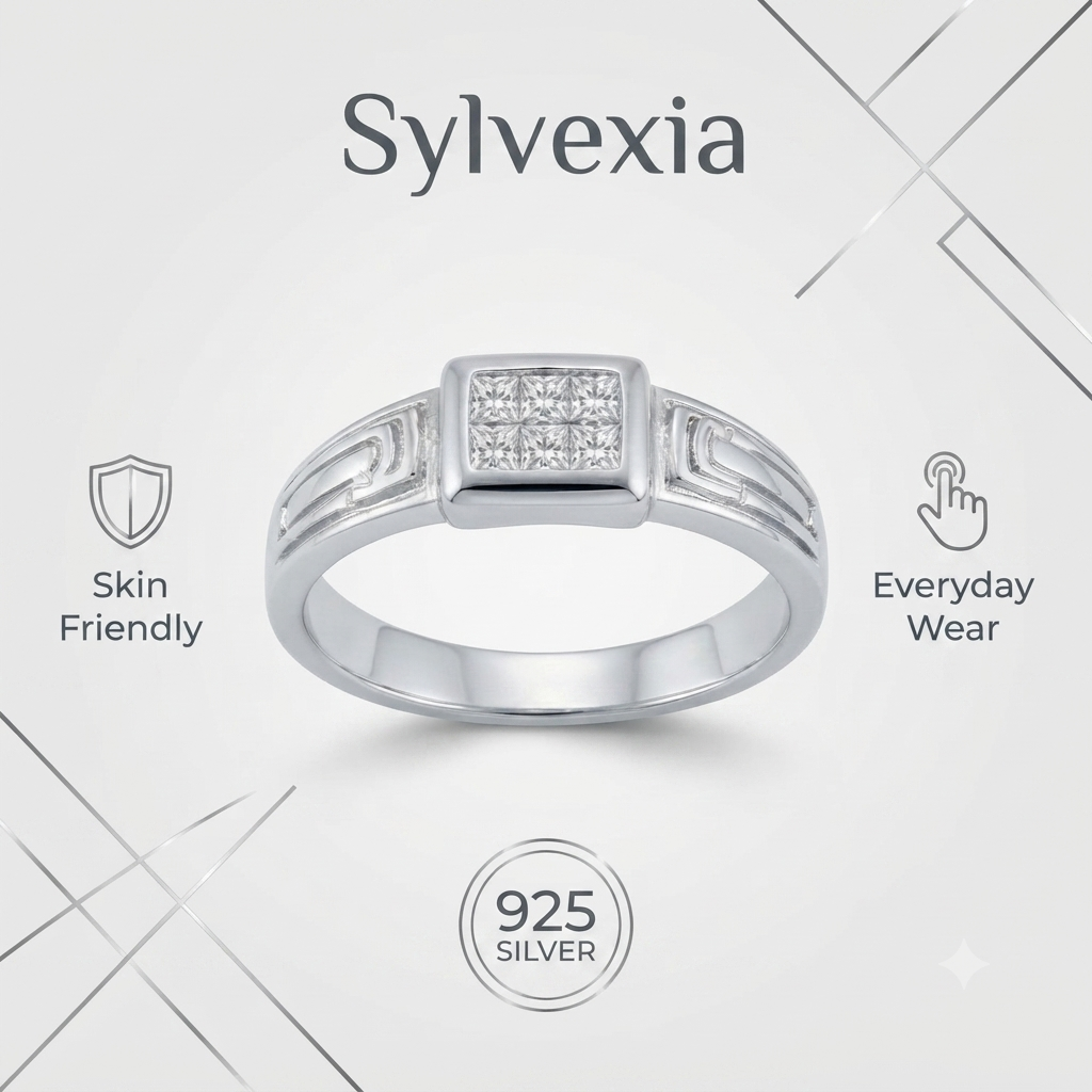 SYLVEXIA 925 Sterling Silver Princess Cut CZ Square Signet Ring