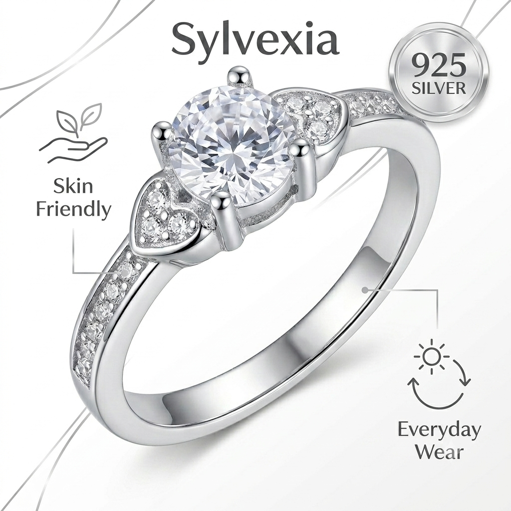 SYLVEXIA 925 Sterling Silver Round Cut Cubic Zirconia Ring for Women