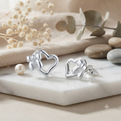 SYLVEXIA 925 Sterling Silver Open Heart Bow Stud Earrings for Women