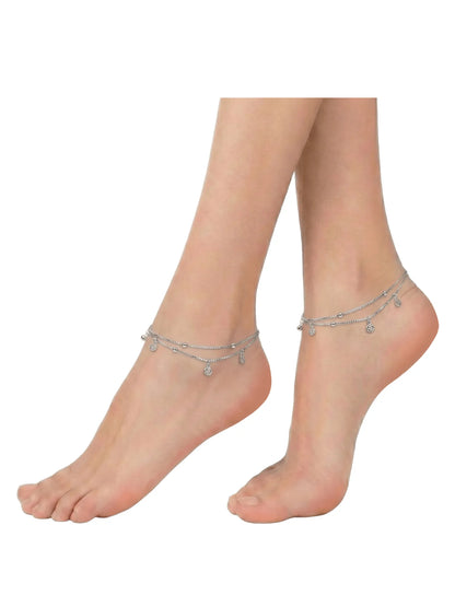 Sylvexia 925 Sterling Silver Double Layer Charm Anklet for Women