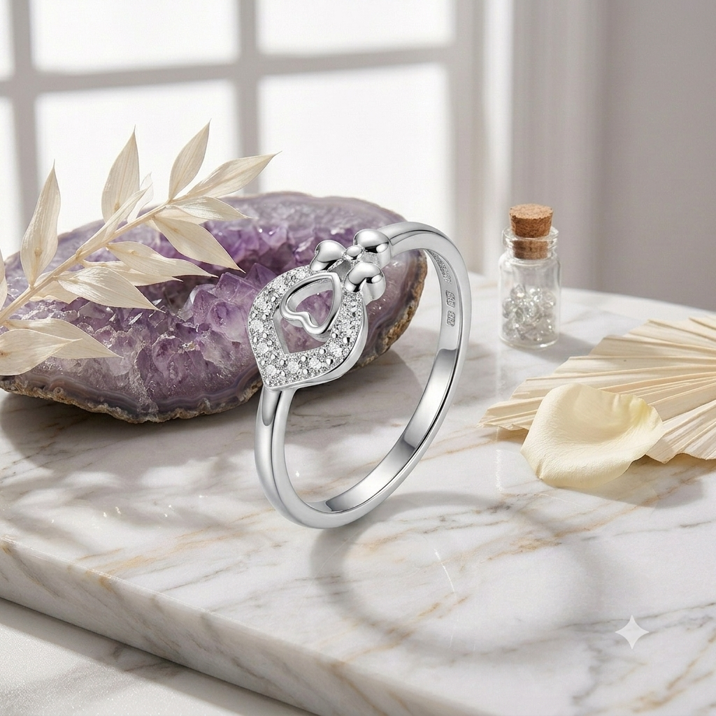 Sylvexia 925 Sterling Silver Heart Bow Ring for Women