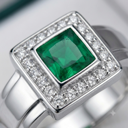SYLVEXIA Emerald Cut Green Emerald Halo Ring in 925 Sterling Silver with CZ Accents for Women