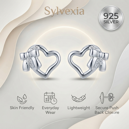 SYLVEXIA 925 Sterling Silver Open Heart Bow Stud Earrings for Women