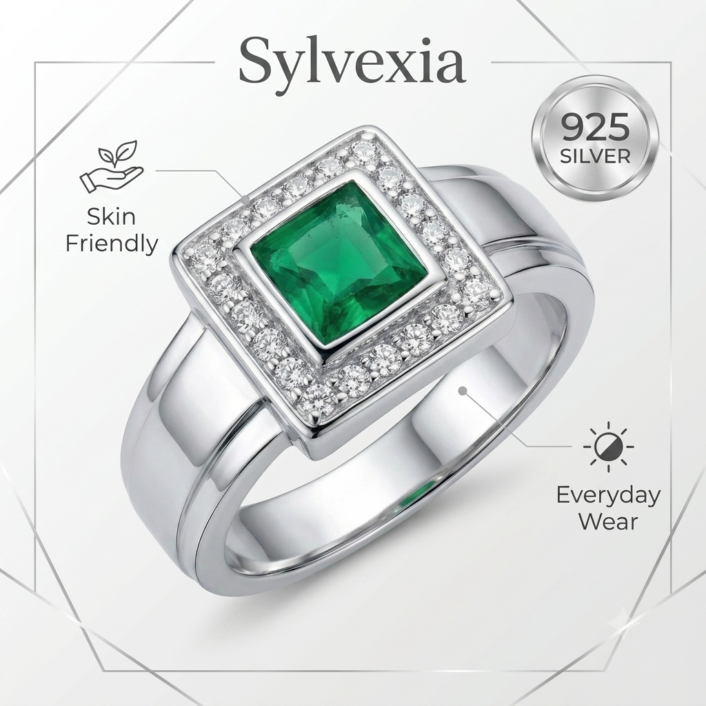 SYLVEXIA Emerald Cut Green Emerald Halo Ring in 925 Sterling Silver with CZ Accents for Women