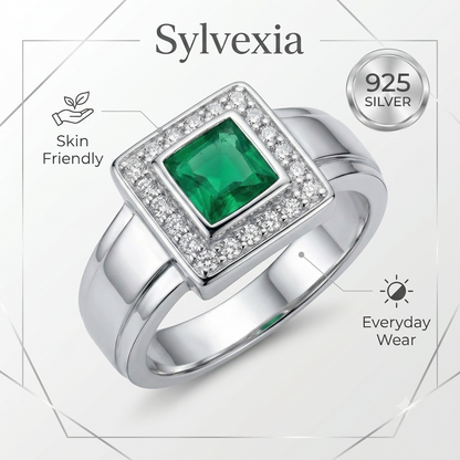 SYLVEXIA Emerald Cut Green Emerald Halo Ring in 925 Sterling Silver with CZ Accents for Women