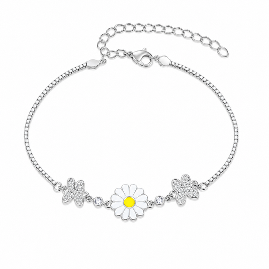 SYLVEXIA 925 Sterling Silver Daisy & Butterfly Charm Bracelet for Women