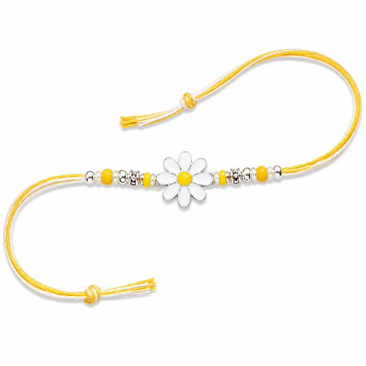 925 Sterling Silver Daisy Flower Rakhi for Brother Yellow Thread