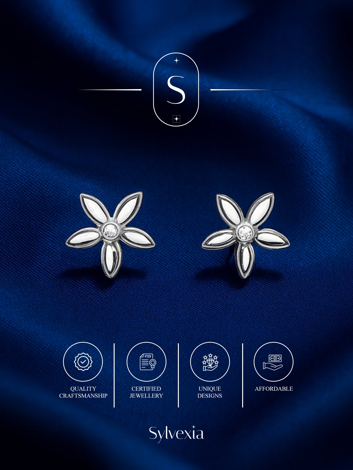 Sylvexia Silver Minimal Floral Stud Earrings