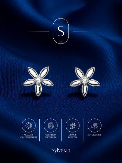Sylvexia Silver Minimal Floral Stud Earrings