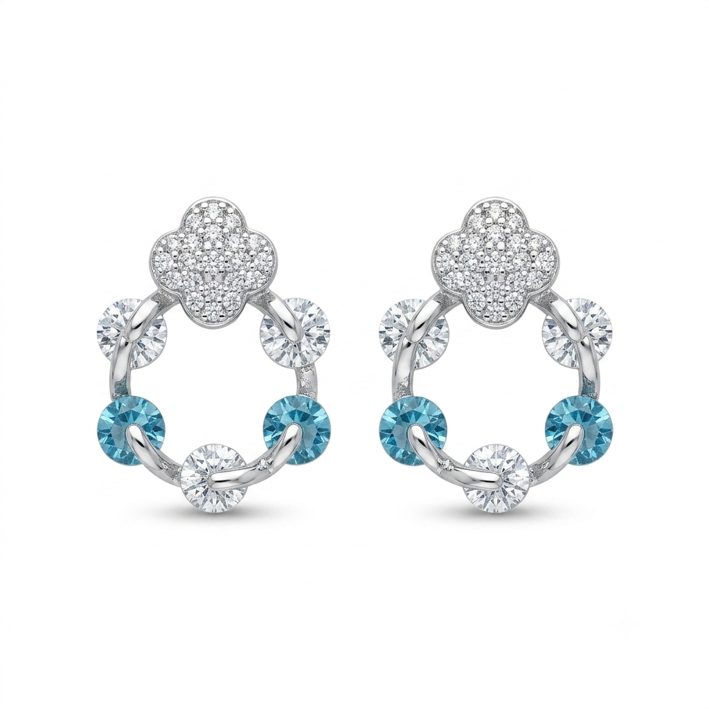 SYLVEXIA 925 Sterling Silver CZ Clover Halo Blue Stud Earrings for Women
