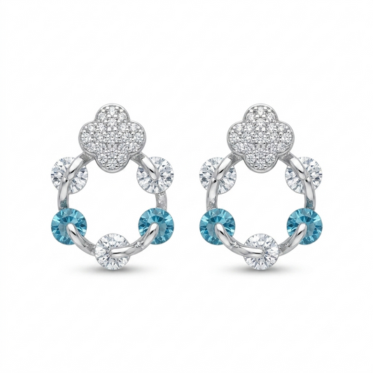 SYLVEXIA 925 Sterling Silver CZ Clover Halo Blue Stud Earrings for Women