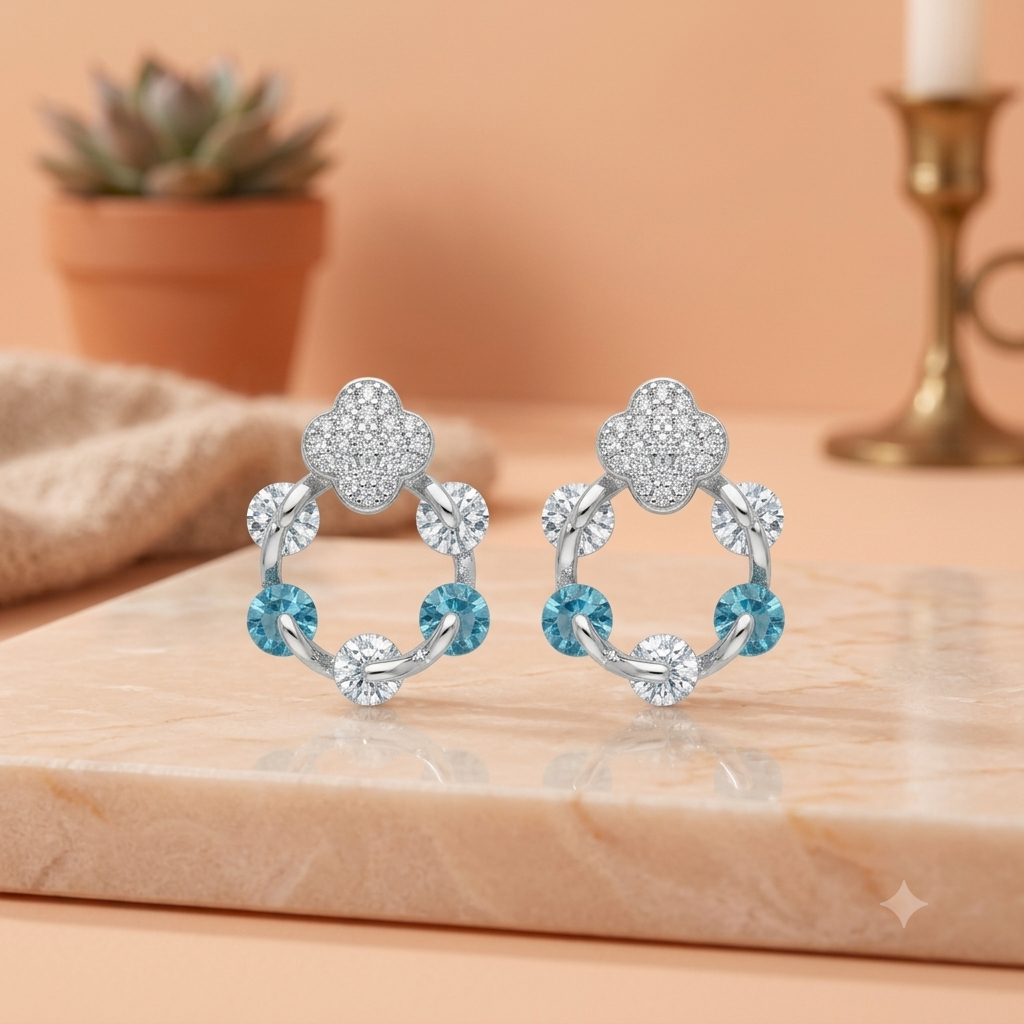 SYLVEXIA 925 Sterling Silver CZ Clover Halo Blue Stud Earrings for Women