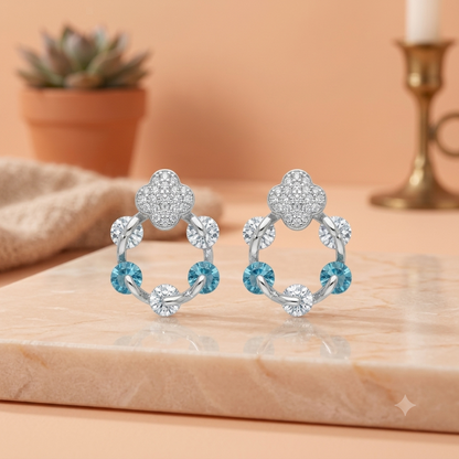 SYLVEXIA 925 Sterling Silver CZ Clover Halo Blue Stud Earrings for Women