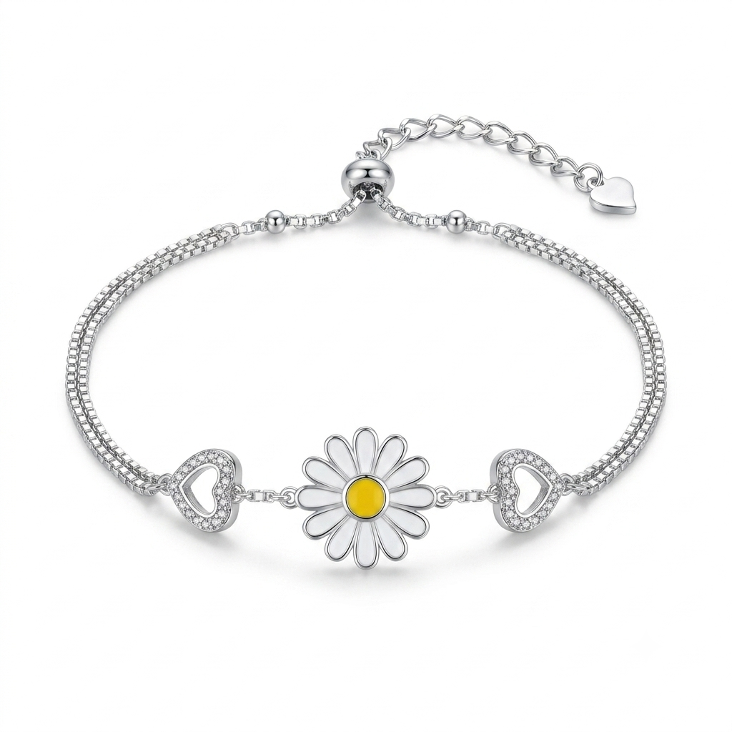 SYLVEXIA 925 Sterling Silver Daisy Flower Bracelet with Heart CZ Charms for Women
