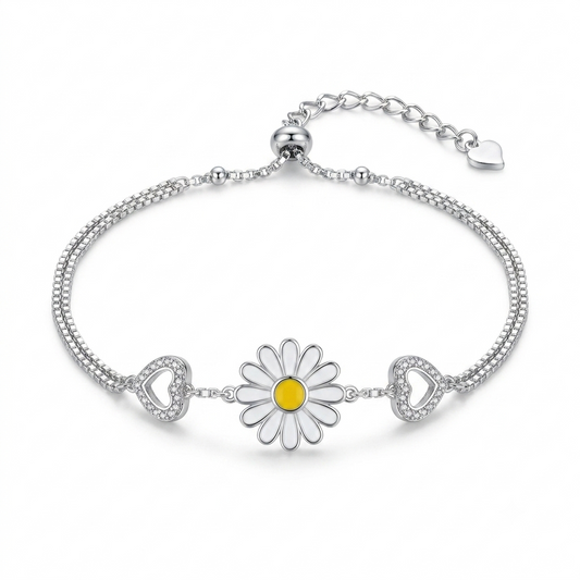 SYLVEXIA 925 Sterling Silver Daisy Flower Bracelet with Heart CZ Charms for Women