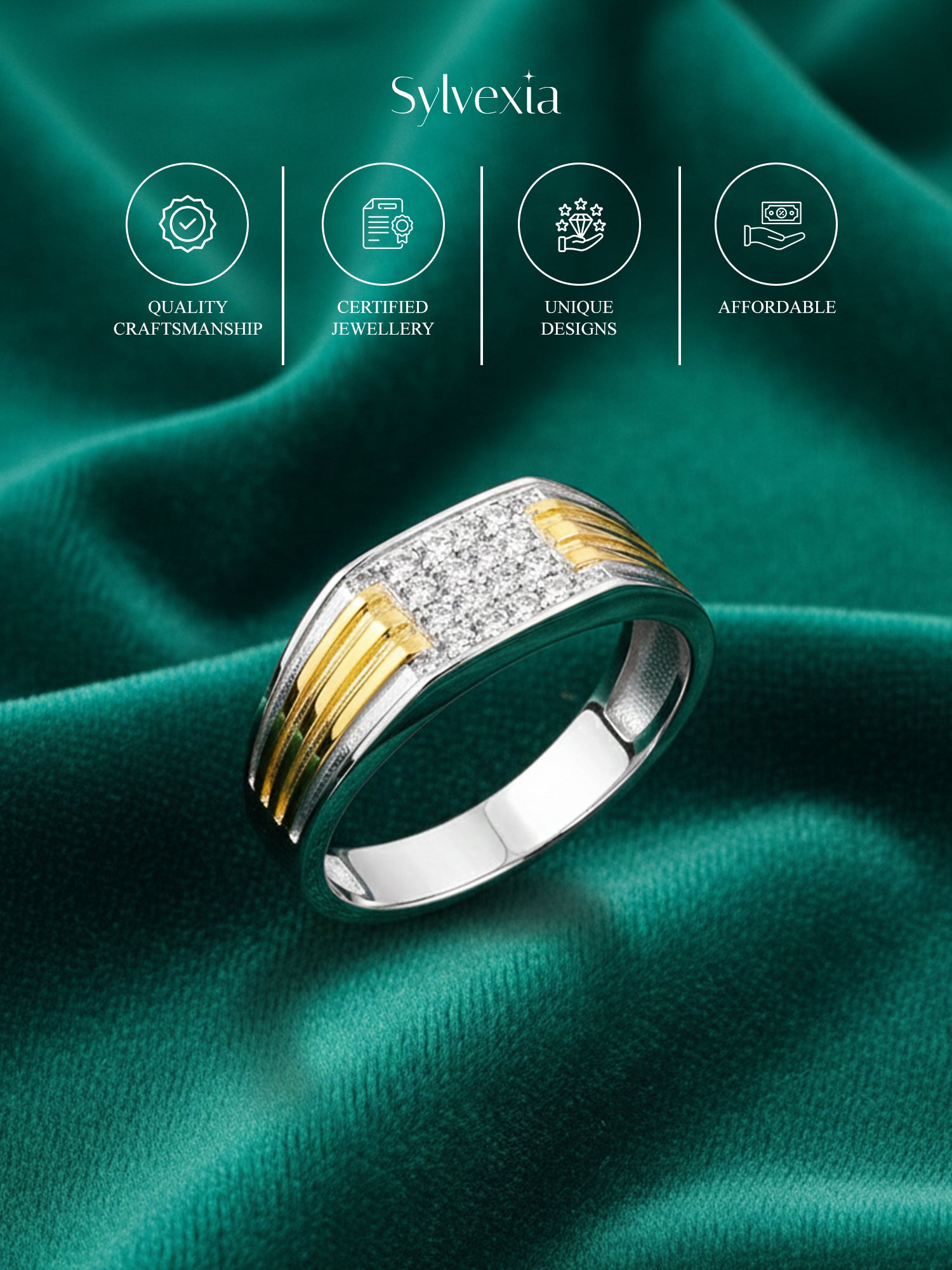 Sylvexia 925 Sterling Silver Two Tone CZ Band Ring for Men | Gold Accent Statement Ring
