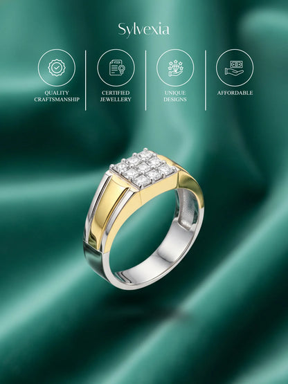 Sylvexia Men’s Two-Tone Gold & Silver CZ Cluster Designer Ring