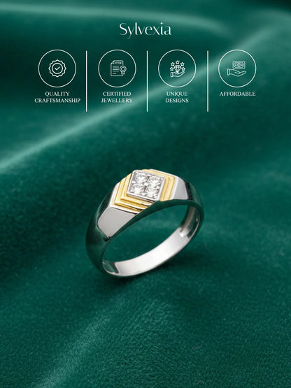 Sylvexia 925 Sterling Silver Gold Plated Ring for Men – Square CZ Stone Designer Ring | Premium Dual Tone Jewellery for Boys & Men