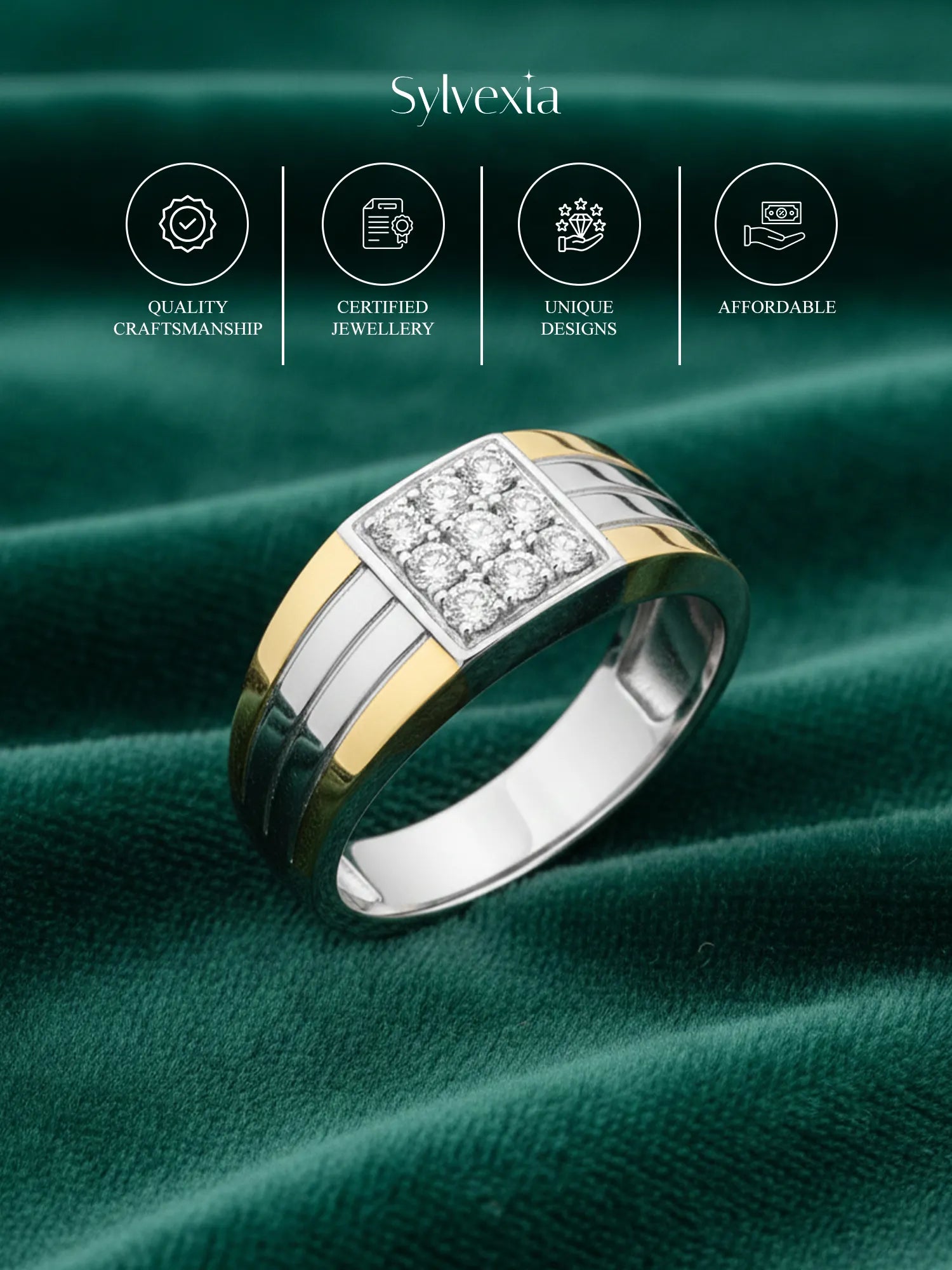 Sylvexia 925 Sterling Silver Two Tone CZ Square Ring for Men | Gold & Silver Luxury Band
