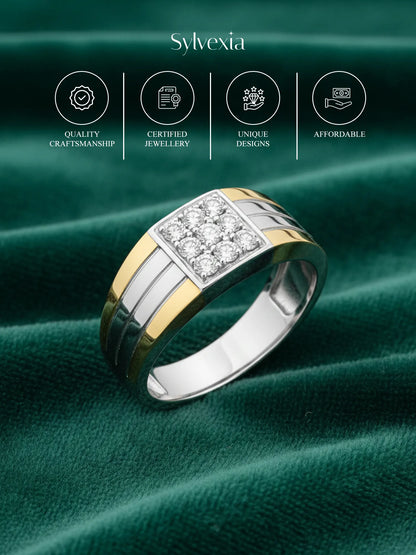 Sylvexia 925 Sterling Silver Two Tone CZ Square Ring for Men | Gold & Silver Luxury Band