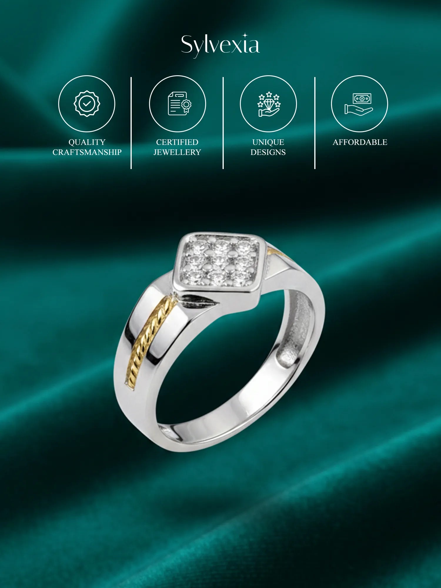 Sylvexia Men’s Two-Tone Square CZ Ring | Silver & Gold Stylish Statement Ring for Men