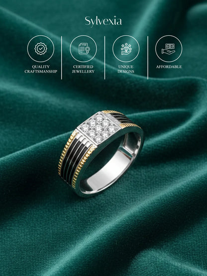 Sylvexia Two-Tone Gold & Silver CZ Cluster Men’s Ring