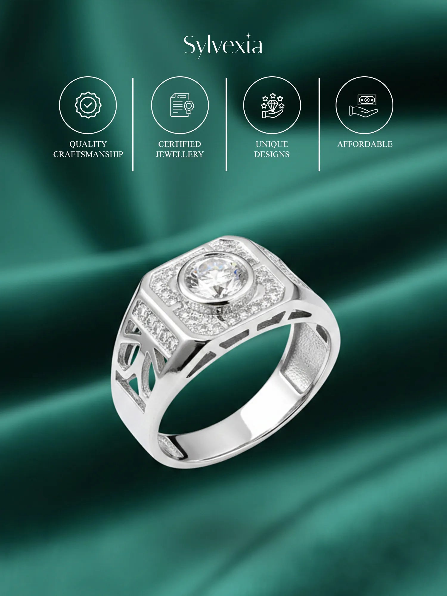 Sylvexia Men’s Silver Round Halo CZ Ring | Geometric Cut Designer Statement Ring