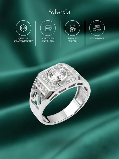 Sylvexia Men’s Silver Round Halo CZ Ring | Geometric Cut Designer Statement Ring